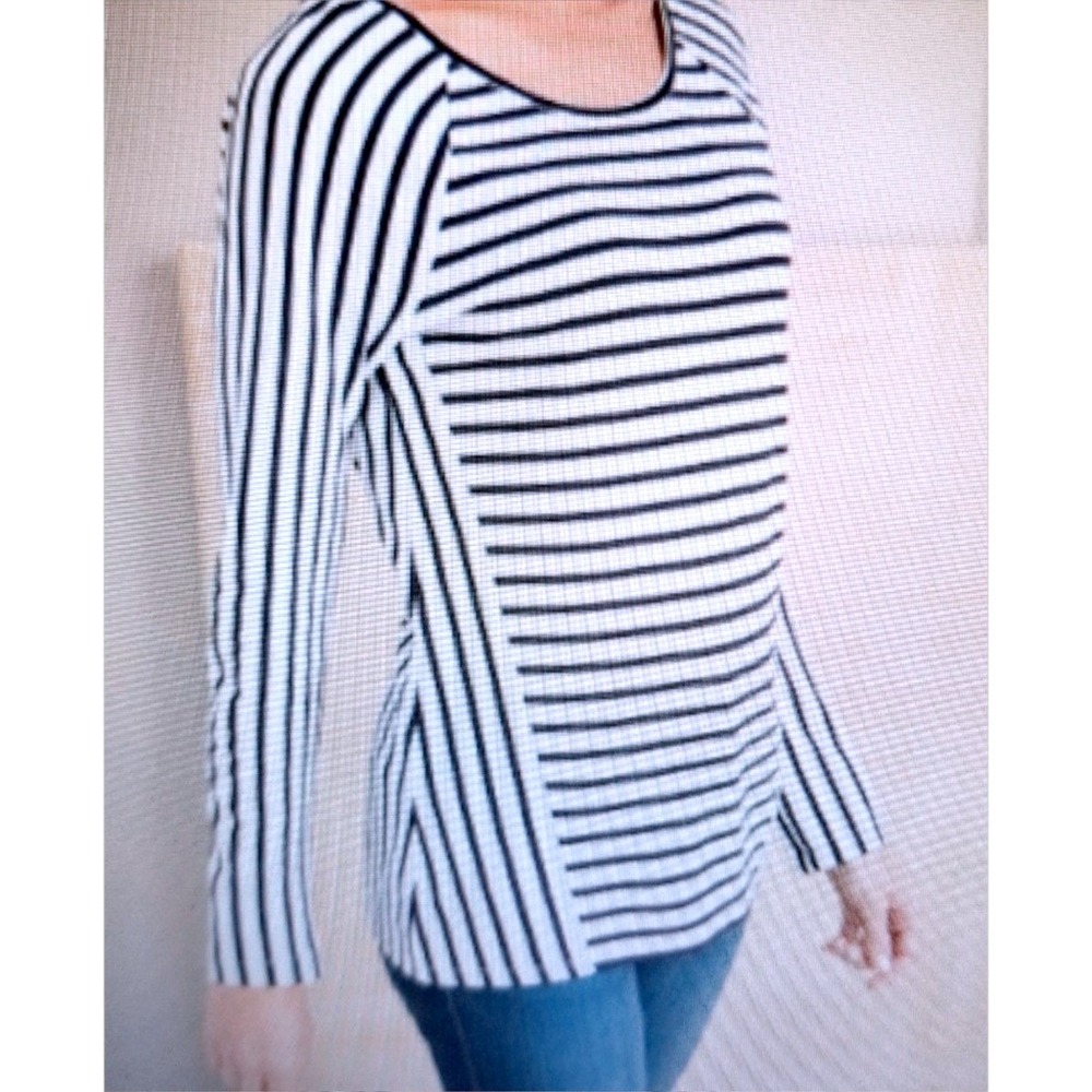 NWOT Chico's Size 1 (M) Ponte Stripe Mix Long Sleeve Top Navy White Raglan Slvs